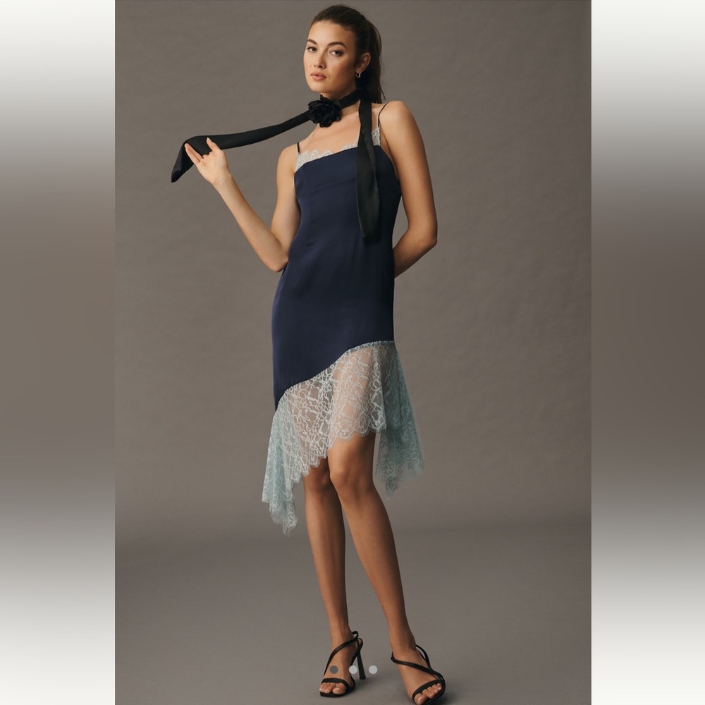 NWT By Anthropologie Lace-Trimmed Dress - Size 14 - Blue Slip Dress
